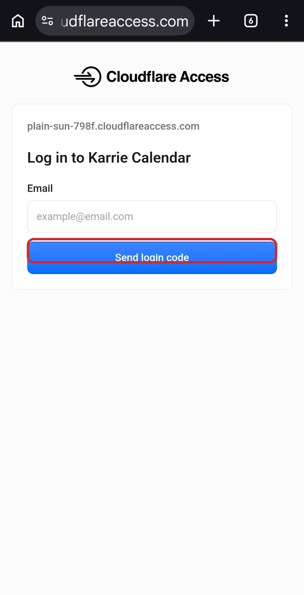 Cloudflare Access登入畫面，紅框圈住「Send login code」